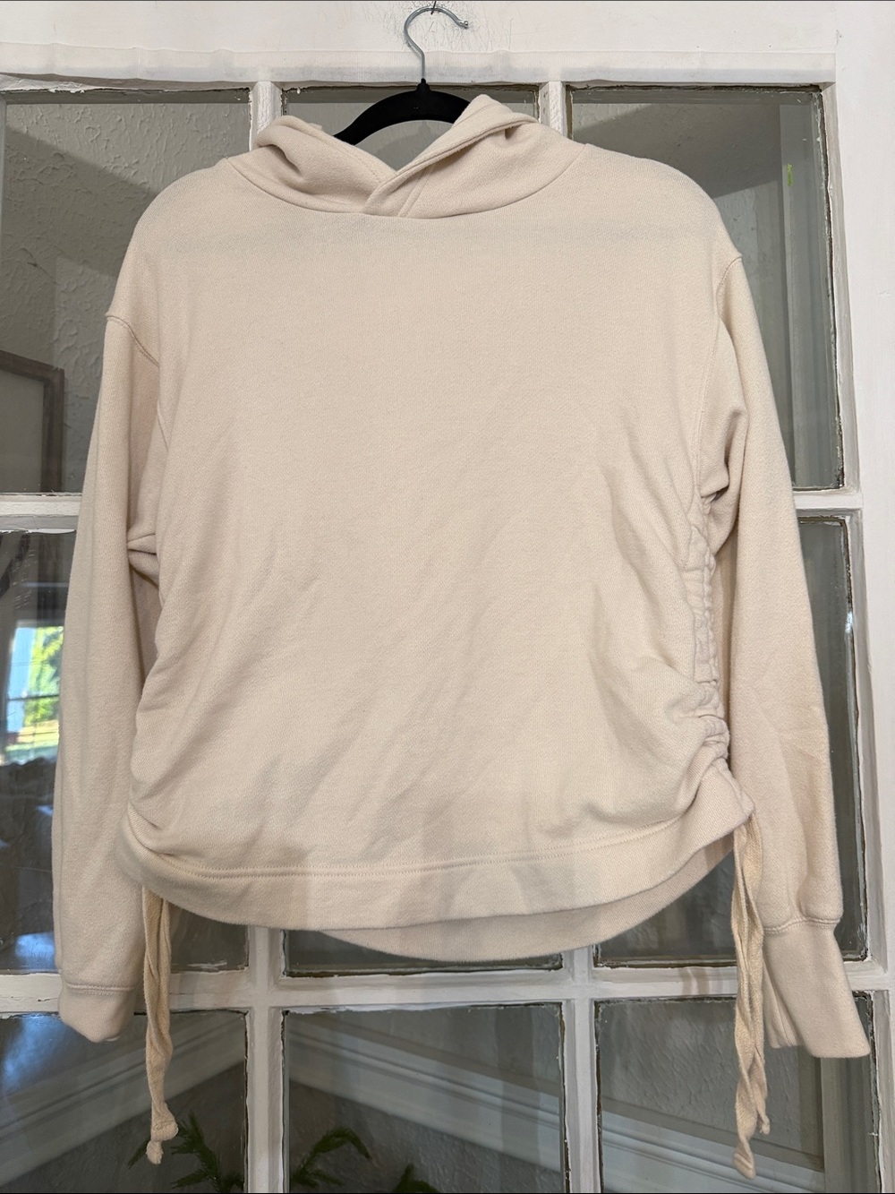 Aerie Women's Cream Hooded Pullover Sweater - Casual Ruched Side Drawstring